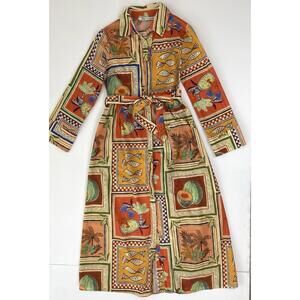 ZARA Fruit Fish Print Midi Belted Shirt Dress Size 100% Cotton Unlined XS